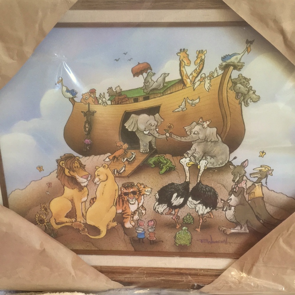 Noah’s Ark Canvas Painting Wood Frame Nursery Kids Room Wall Art